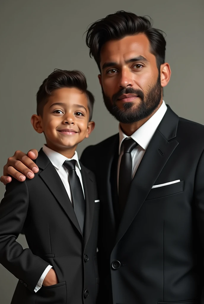 a very handsome mixed-race man,  with honey-colored eyes , strong, very handsome with his four-year-old mixed-race son like him, both wearing a tailor-made suit