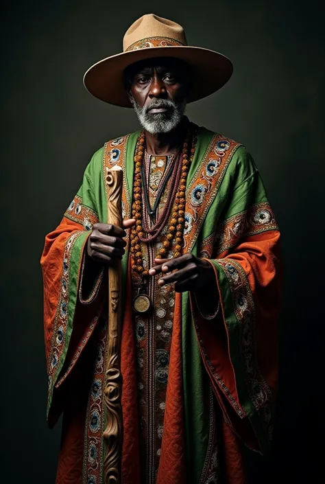 Photographie de portraits de pretre vaudou africain en costume et chapeau et avec une cane sur un fond sombre