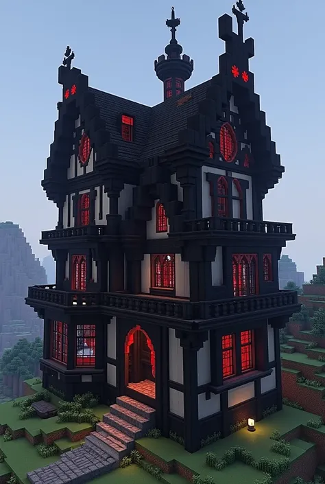 Make a house in Minecraft , in Gothic style , with red details, using black and white blocks, not so big 