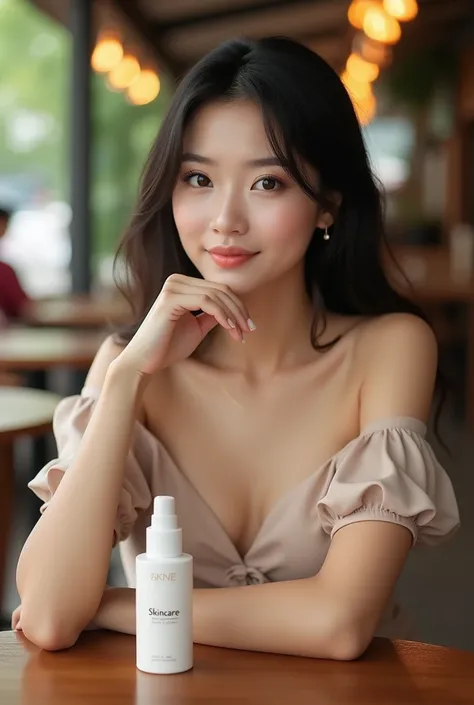 A beautiful woman is sitting in an outdoor coffee shop, wearing a beige off-shoulder dress, a plunging neckline that reveals her ample breasts. She looks attractive, beautiful, Thai-Korean woman. She poses gracefully, resting her hand on her chin and looki...