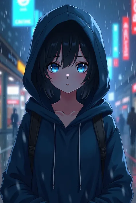 The anime girl has black hair and blue eyes、 standing in the rain , guweiz style artwork ,  cyberpunk anime girl  in hoodie, A black-haired girl is wearing a hoodie,  anime style 4 k, in an  anime style,  modern cyberpunk anime ,  Realistic Anime Art Style...