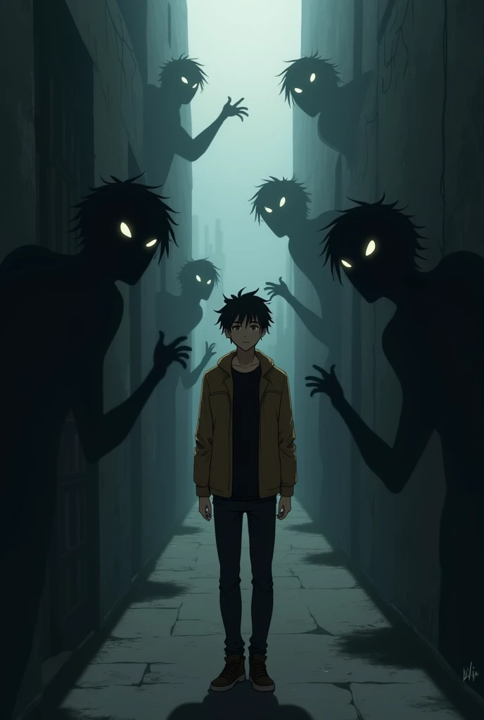 create an anime man who is in a dark alleyway. In this alleyway there are multiple shadow figures that are creeping up the wall. These shadow creatures have glistening eyes and large arms that reach outwards towards the anime  man that is in the middle. Th...