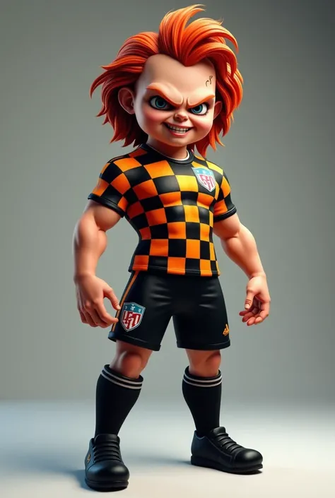 I want to create a 3D mascot of a muscular man inspired by the Chucky doll with a checkered orange and black soccer jersey and black soccer shorts with black boots