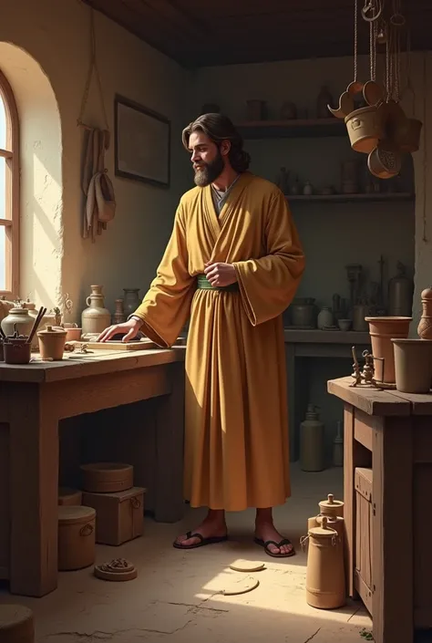  San José , wearing mustard and lilac ,  robes working in his carpentry shop in Nazareth, in a contemplative attitude with a serene face.