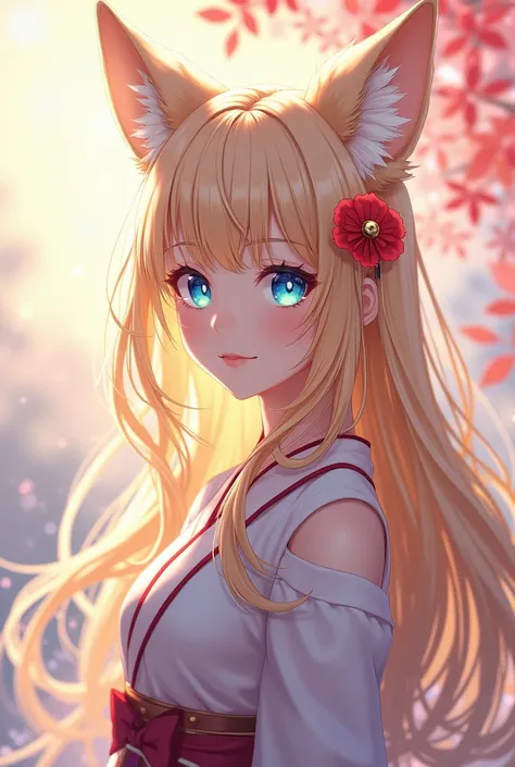 1girl, Long Hair, Bangs, Blue eyes, Blonde Hair, Animal Ears, Hair Clip, Hair Flower, Fox Ears, Bell, Anime, Anime Style,  clothes,  kitsune 