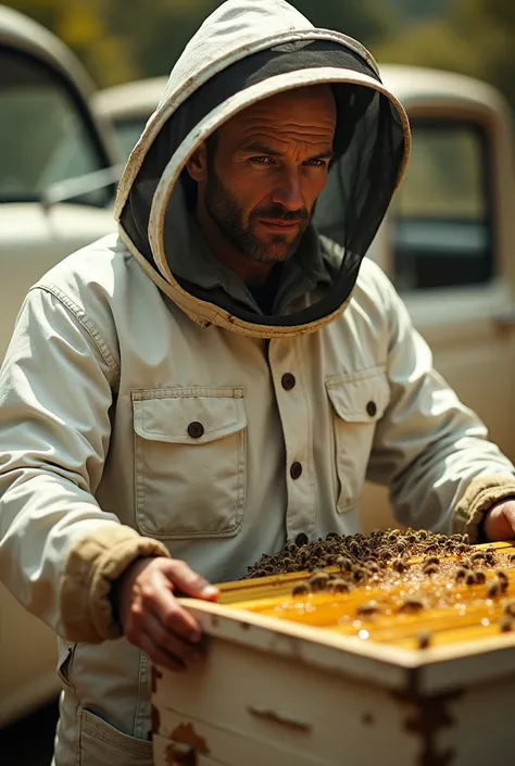 jason statham el beekeeper en un auto Atlantic modelo 1984 color blanco 
