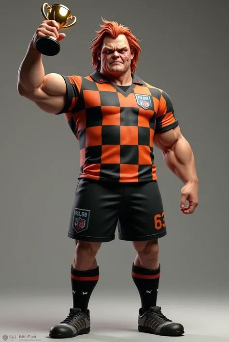 I want to create a 3D mascot of a muscular man inspired by the Chucky doll with cuts on his face and with a checkered soccer team jersey in orange and black and black soccer shorts with black boots. I want him holding a trophy 