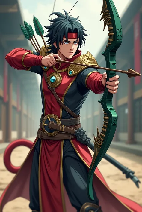 An adult male, Anime figure, wearing a cool red green armoured costume, holding a legendary dragon shaped bow with great design and blue arrow , background training center, black hair and blue eyes, a quiver at his back, aiming at the viewer, wearing a coo...