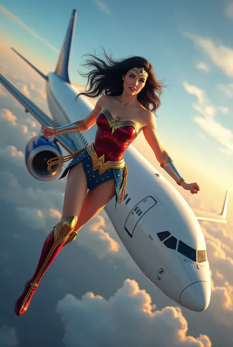 DC Wonder Woman in the Sky Flying Next to an Airplane 