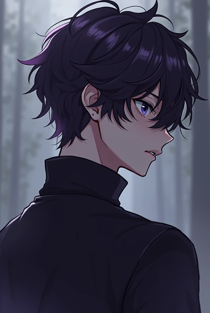 Anime male, purple black hair, purple black eyes on both sides, wearing a purple black sweater, cold mood, opening his mouth, half looking