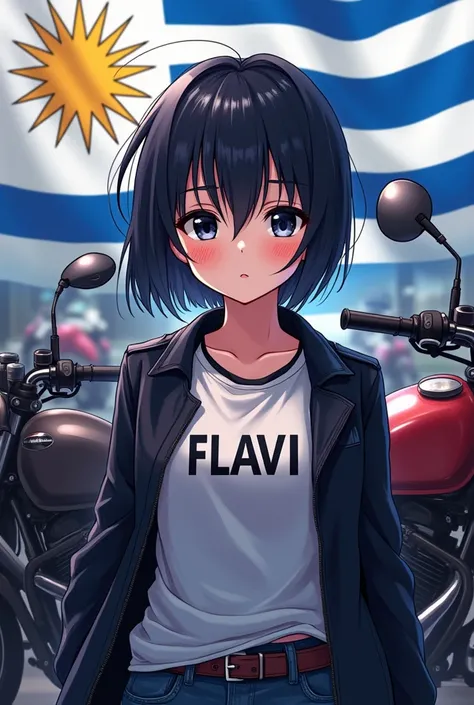  A girl with short black hair short hair in anime,  with black eyes wearing a shirt with the letters of Flavi , a black jacket, With the background of motorcycles with the Uruguayan flag 