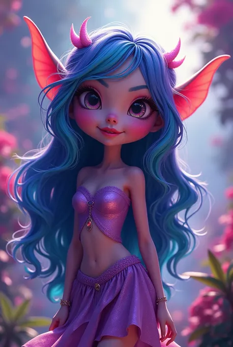 Female cartoon character with purple skin and green hair.