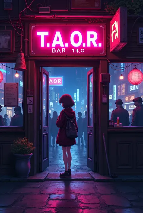 Cyberpunk anime character near the bar entrance in a dark oldfashion city. Neon logo T.A.O.R. Bar. People walking around. , violet glow, detailed, high quality, beautiful character, detailed background