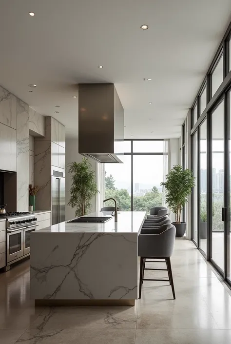 Gourmet area with clean design, gray furniture, white marble countertops, burnt cement flooring, stainless steel appliances, plants in modern pots