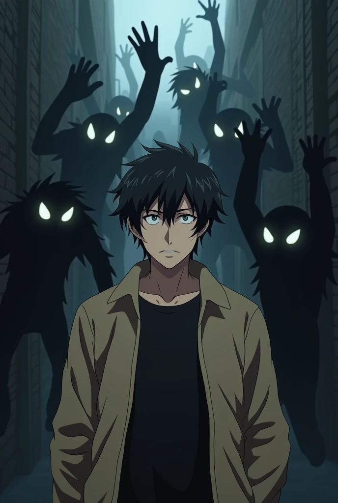 create an anime man who is being attacked in a dark alleyway. In this alleyway there are multiple shadow figures that are creeping up the wall. These shadow creatures have glistening eyes and large arms that grab the anime  man that is in the middle. The a...