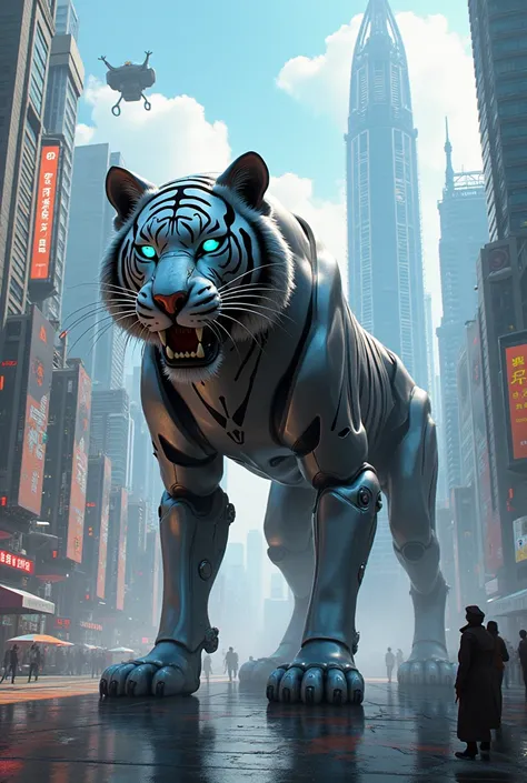 It is a tiger and in the shape of a robot beautiful city full picture 