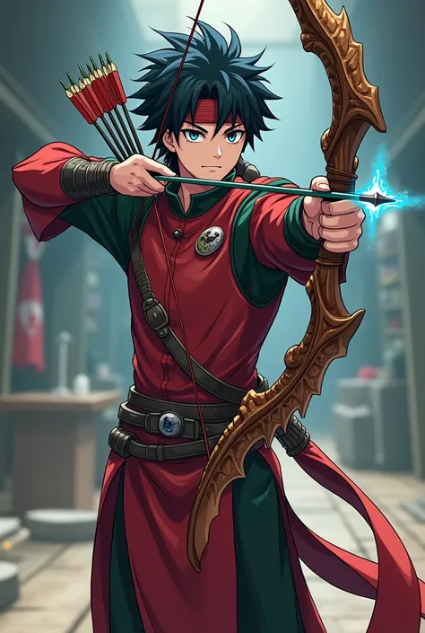 An adult male, Anime figure, wearing a cool red green armoured costume, holding a legendary dragon shaped bow with great design and blue arrow , background training center, black hair and blue eyes, a quiver at his back, aiming at the viewer, wearing a coo...