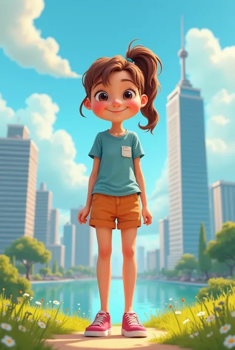 A 14-year-old giant girl named Leonie is Taller than a Skyscraper friendly smile medium pony tail cool summer outfit girl is really huge girl is playful and cute Meben you are standing a boy named Jonas he is smiles friendly das dorf ist für das Mädchen wi...