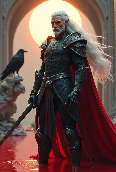 white hair male, black scale armor, ornate silver sword in hand, red cape, grey skin, sun in the background,  raven in the background, in a red pool, elf