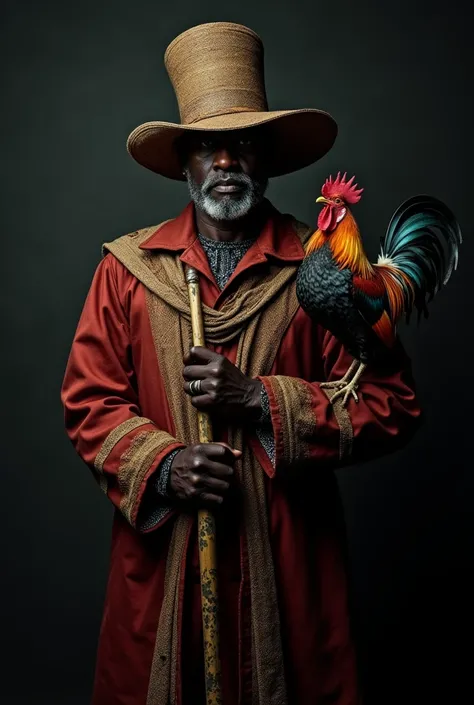 Photographie  de portraits de pretre vaudou africain en costume avec un chapeau et  avec une canne et avec un coq dans la main sur un fond sombre