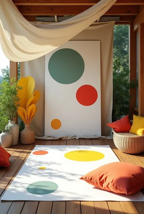 outdoor space in nature with geometric shapes in primary colors.  the wooden floor with white canvas on the floor for drawings and paintings. The ceiling is a flowing linen fabric tied to wooden beams  