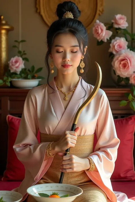 The quiet Korean woman, dressed in a pastel pink silk wrap and golden woven skirt adorned with delicate floral patterns, her hair was neatly arranged in a high bun, embellished with gold jewelry, complemented by exquisite bracelets, necklaces and earrings,...