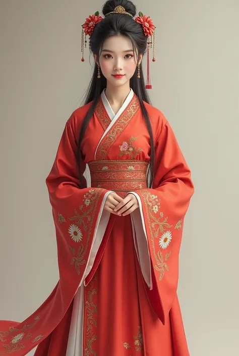 asian chinese female in simplified chinese costume, knee length costume, front view, full body
