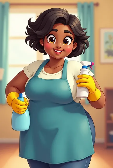 Animated woman, Chubby dark-skinned short hair ,  with yellow gloves on her hands, Blue apron, a bottle of bleach and a bottle in each hand 