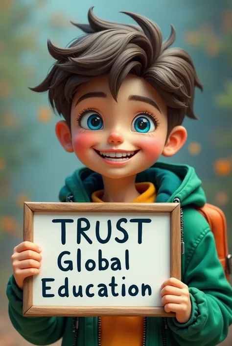 Galaxy Boy Back Dream Aesthetic Smile Green Jacket Blue Eyes. Holding a board that has written TRUST Global Education boldly.