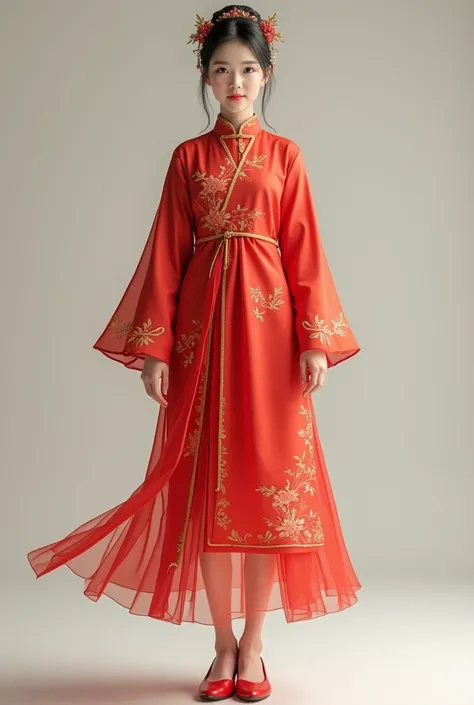 asian chinese female in simplified chinese costume, knee length costume, front view, full body, costume touches sheen
