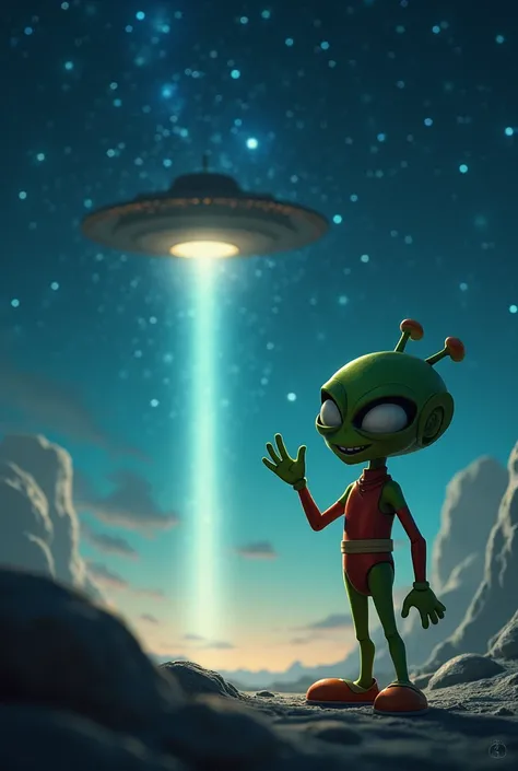  A starry sky with an alien ship with a friendly little Martian in the background. You can see how a ray of light emerges from the ship that connects to place .  and in the foreground a friendly Martian waving with one hand . Very friendly  