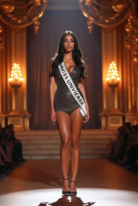 4K professional photos A young, United States woman, beauty and bright with a light skin color, big breasts with long dark hair, wearing short dress, stands on the miss universe stage. She is facing in front of the audiences, with her head tilted up and ey...