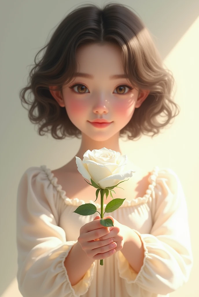  Beautiful girl with short wavy hair, short red dress, holding a white rose with the text  " I Love Seaart Infinity "  and showing it to the spectator