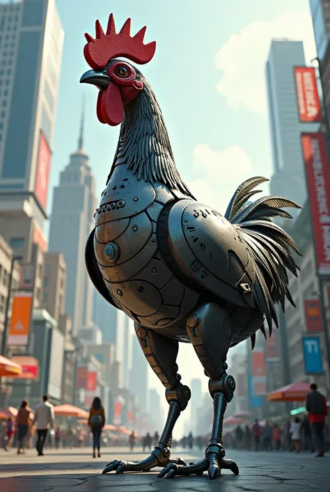 It is a hen and in the shape of a robot beautiful city full picture 