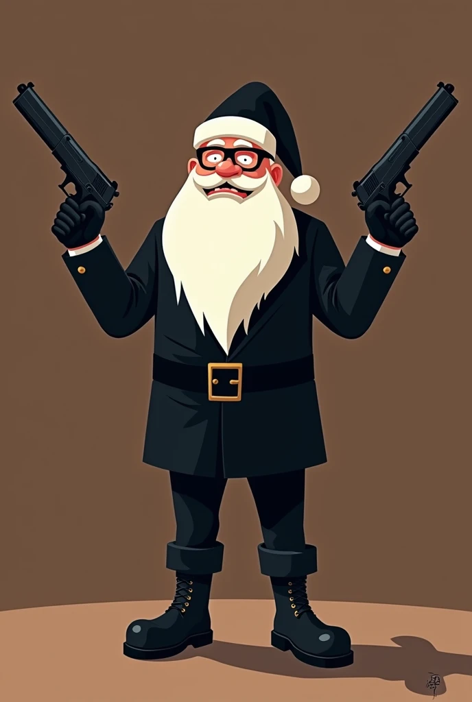 Animated Santa Claus wearing completely black ,  glasses with a brown background and who is holding two crossed guns 