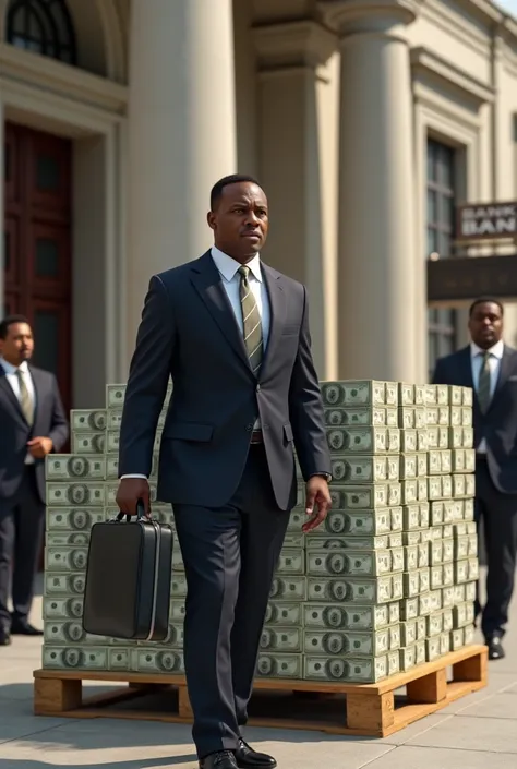 A black businessman picking up a pallet full of money from the bank 