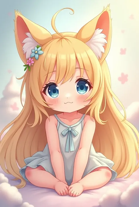 1 baby girl, Long Hair, Bangs, Blue eyes, Blonde Hair, Animal Ears, Hair Flower, Fox Ear, Anime, Anime Style , baby kitsune, baby clothes 