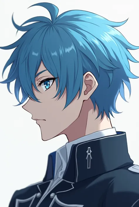 Create an anime character with sky blue hair,   Man with a profile photo only his face 