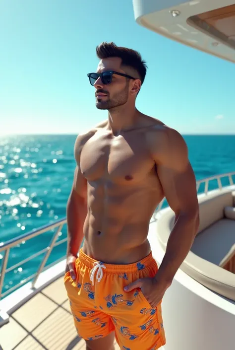  Man with short black hair sunglasses, wearing swim shorts ,standing on a yacht  