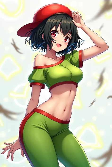 Female anime person has a red hat and short clothes and the long pants and the short t-shirt are in green and red and the long pants are also green and red and her hair is black and has tangled lights