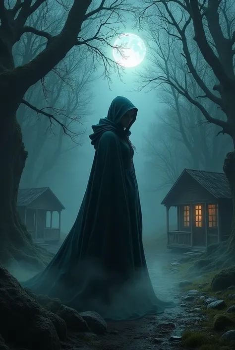 A mysterious witch standing in a dark forest, surrounded by eerie shadows and ancient trees. In the background, a few rustic wooden cabins with dimly glowing windows add a mystical and haunting atmosphere. The scene is illuminated by a faint moonlight brea...