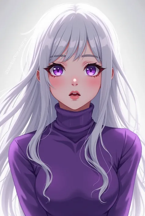 Anime woman with long white hair, two dark purple eyes, wearing a purple sweater, opening her mouth