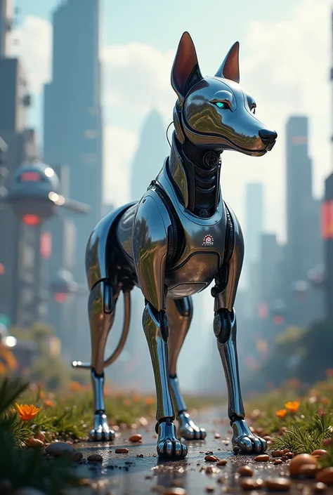 It is a dog and in the shape of a robot beautiful city full picture 