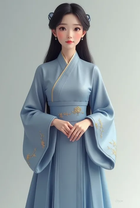 asian chinese female in simplified chinese costume, dress touches sheen, 3/4 length sleeve, plain dark colours, front view, full body, frontal view, blueish purple with trimming