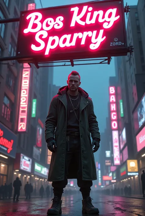 Scottish cyberpunk standing under a sign saying BOS KING SPARRY