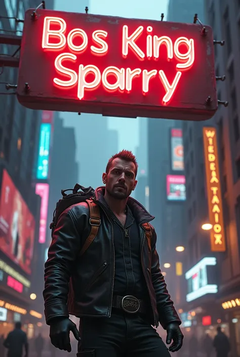 Scottish cyberpunk standing under a sign saying BOS KING SPARRY