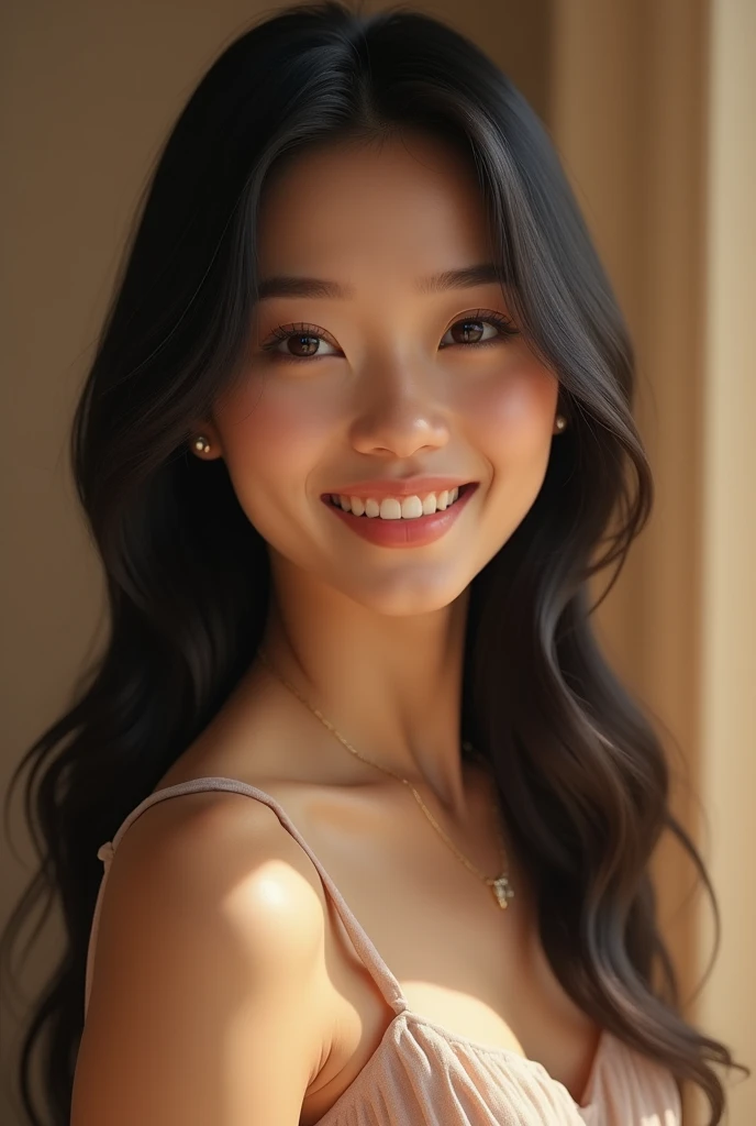  Create a realistic portrait of a young Asian girl aged 25 with long ones,  with straight black hair ,  that fall beautifully on her shoulders .  She has smooth ,  slightly tanned skin with a natural shine , expressive brown eyes,  and soft , a natural smi...