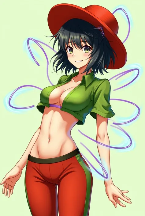 Female anime person has a red hat and short clothes and the long pants and the short t-shirt are in green and red and the long pants are also green and red and her hair is black and has tangled lights