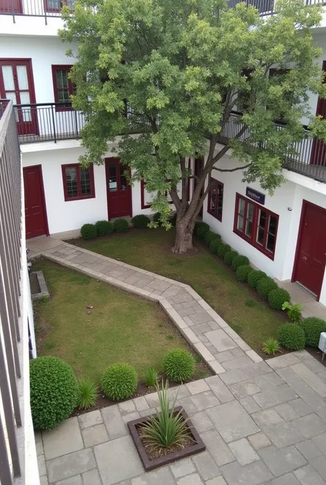 there is a view of a courtyard with a tree and a building, Central image, clean image,  Beautiful image ,  Photo taken from above,  jay in Pinar de Avila , Photo from above, by Altichiero , residential area, Plaza, Beautiful view,  photo taken from afar , ...