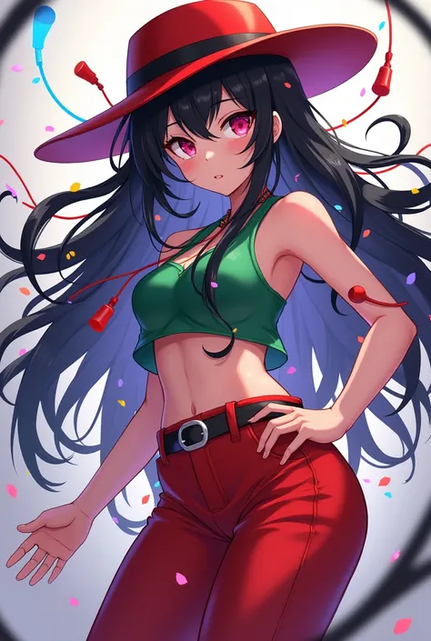 Female anime person has a red hat and short clothes and the long pants and the short t-shirt are in green and red and the long pants are also green and red and her hair is black and long and has tangled lights